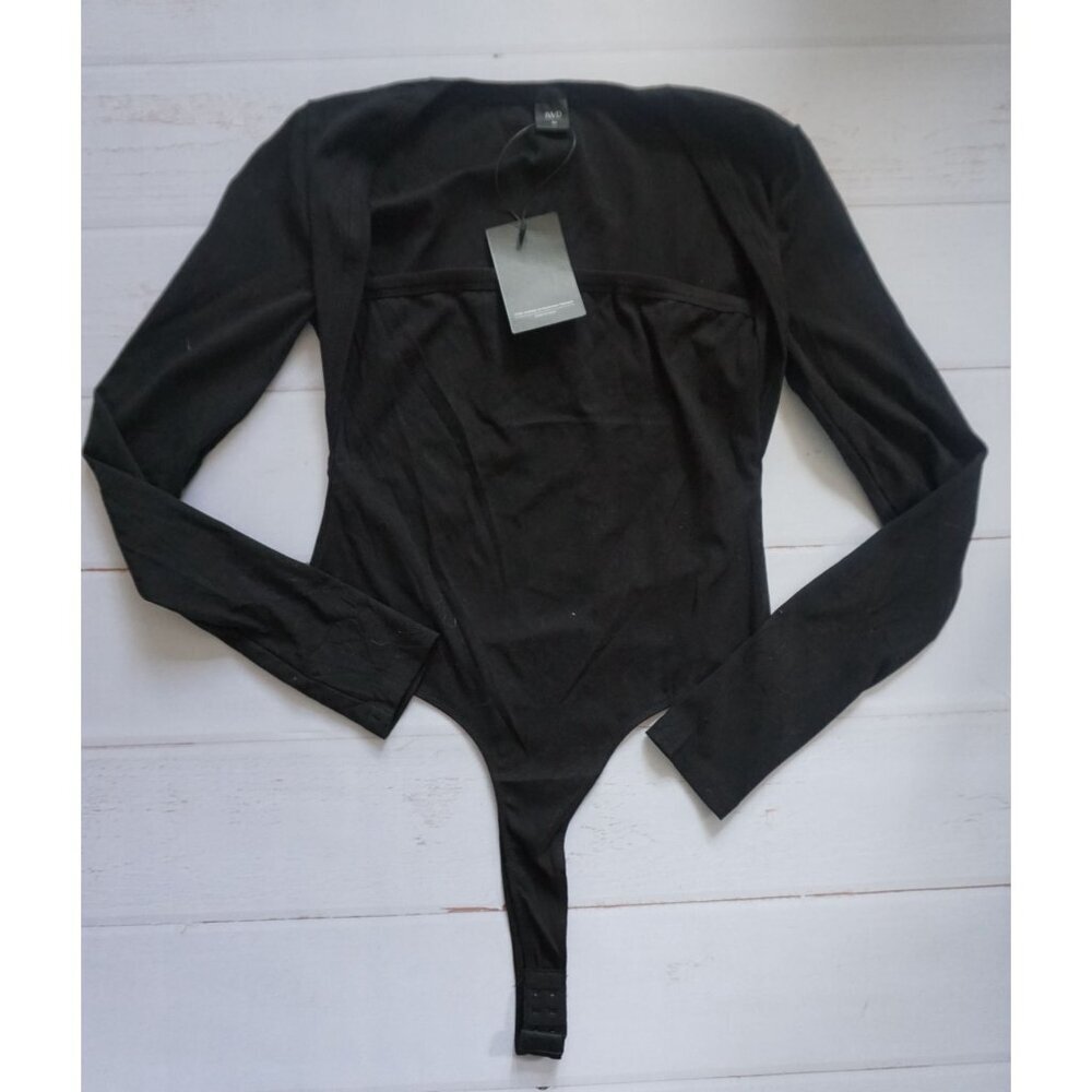 IWD Black Long Sleeve Bodysuit Square Neck Ribbed Slim Fit - Size M NWT - Picture 2 of 7